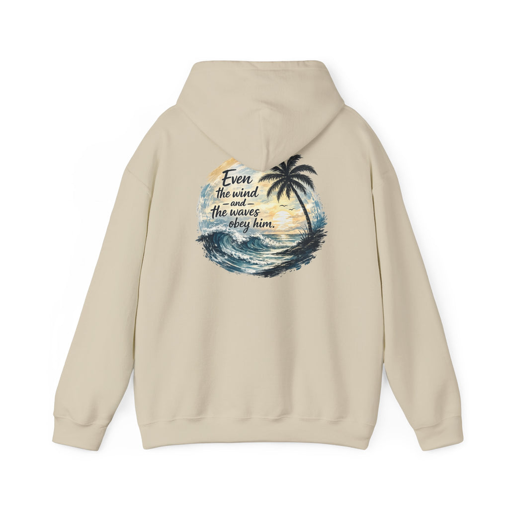Be Still — "Even the wind and the waves obey Him" -Coast to Coastal Tropical Palm Faith Hoodie