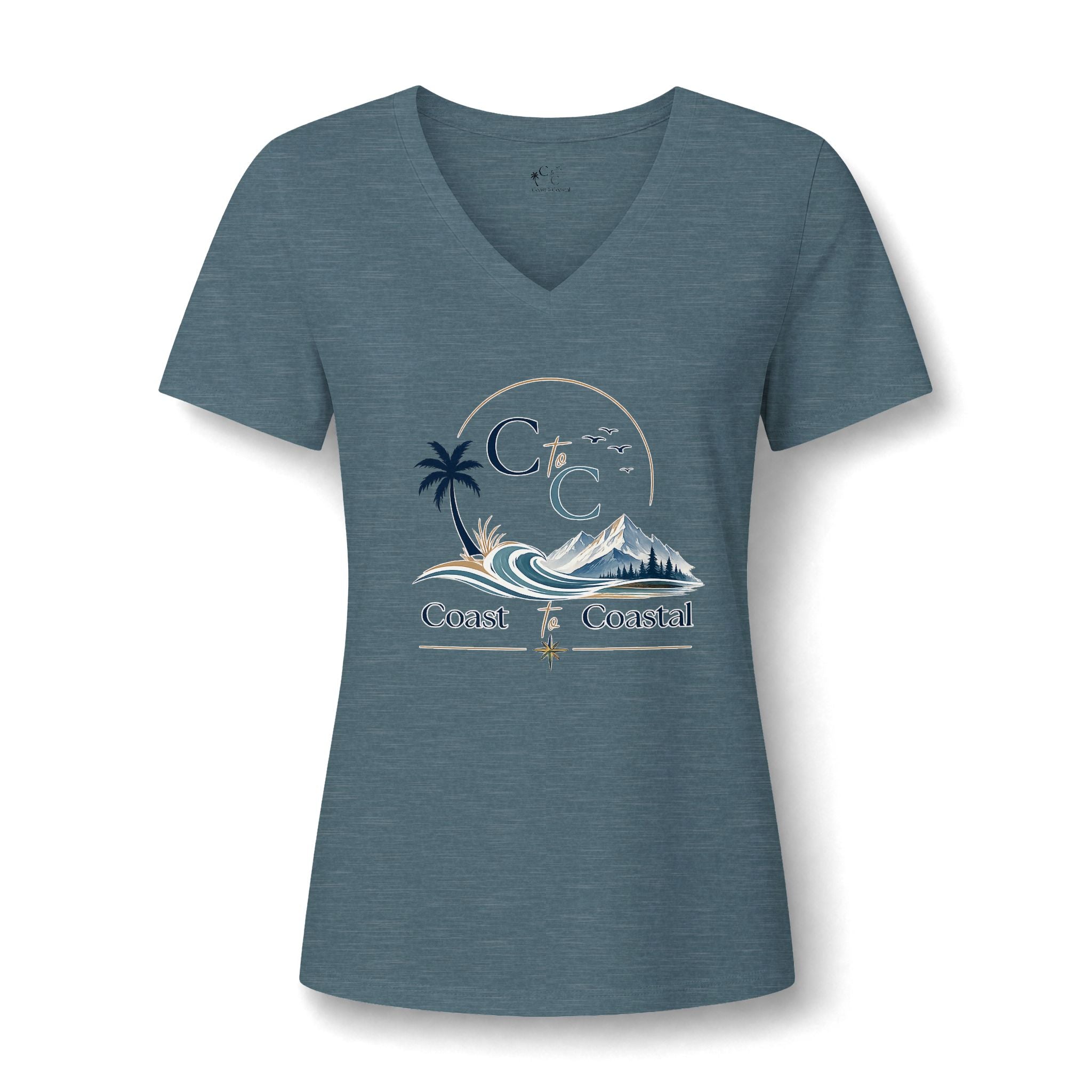 Coast & Coastal Women's V-Neck Tee – Beach Palm Wave Graphic