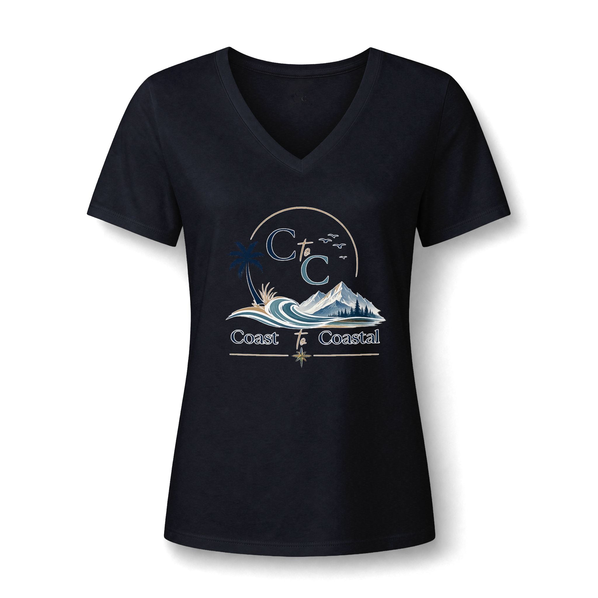 Coast & Coastal Women's V-Neck Tee – Beach Palm Wave Graphic