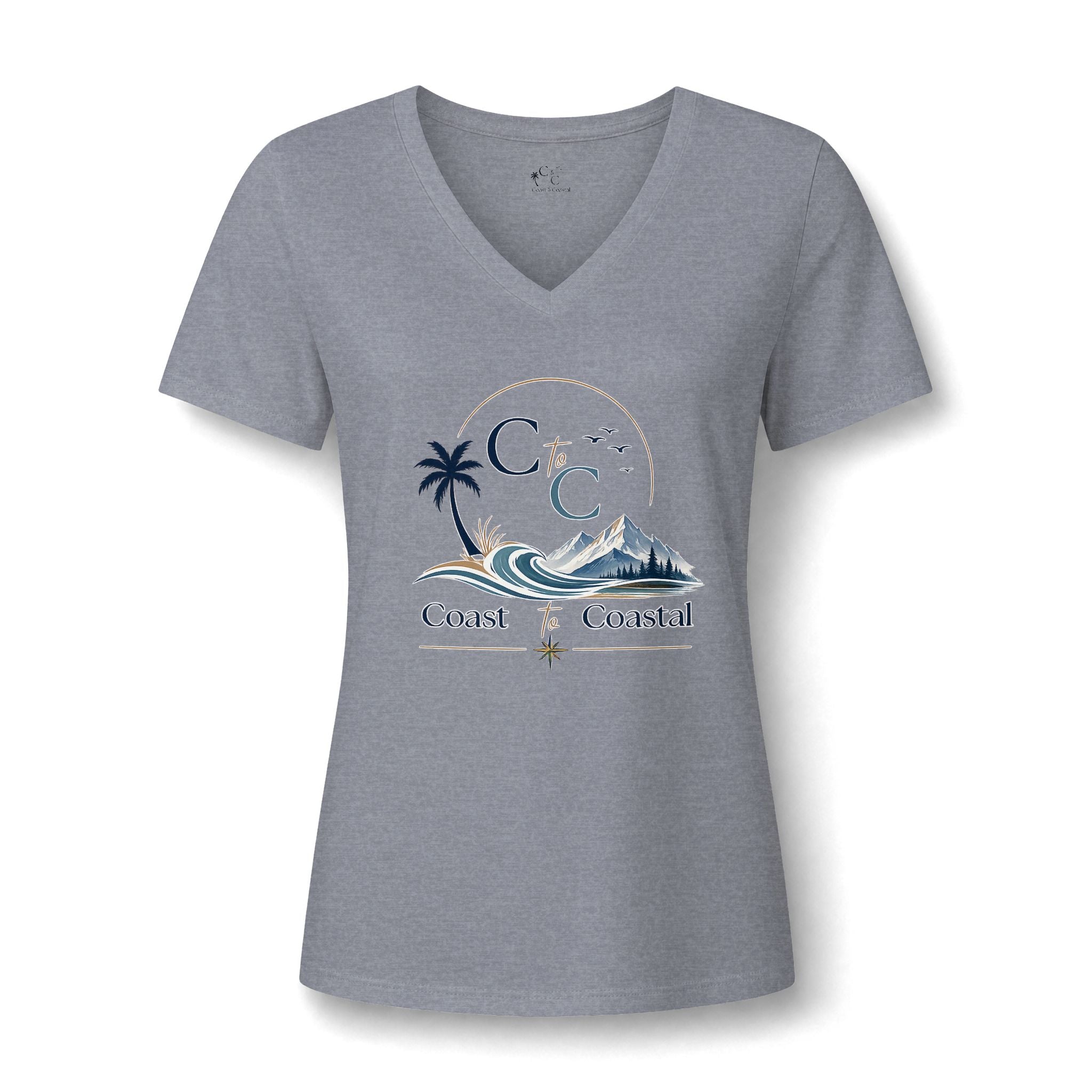 Coast & Coastal Women's V-Neck Tee – Beach Palm Wave Graphic